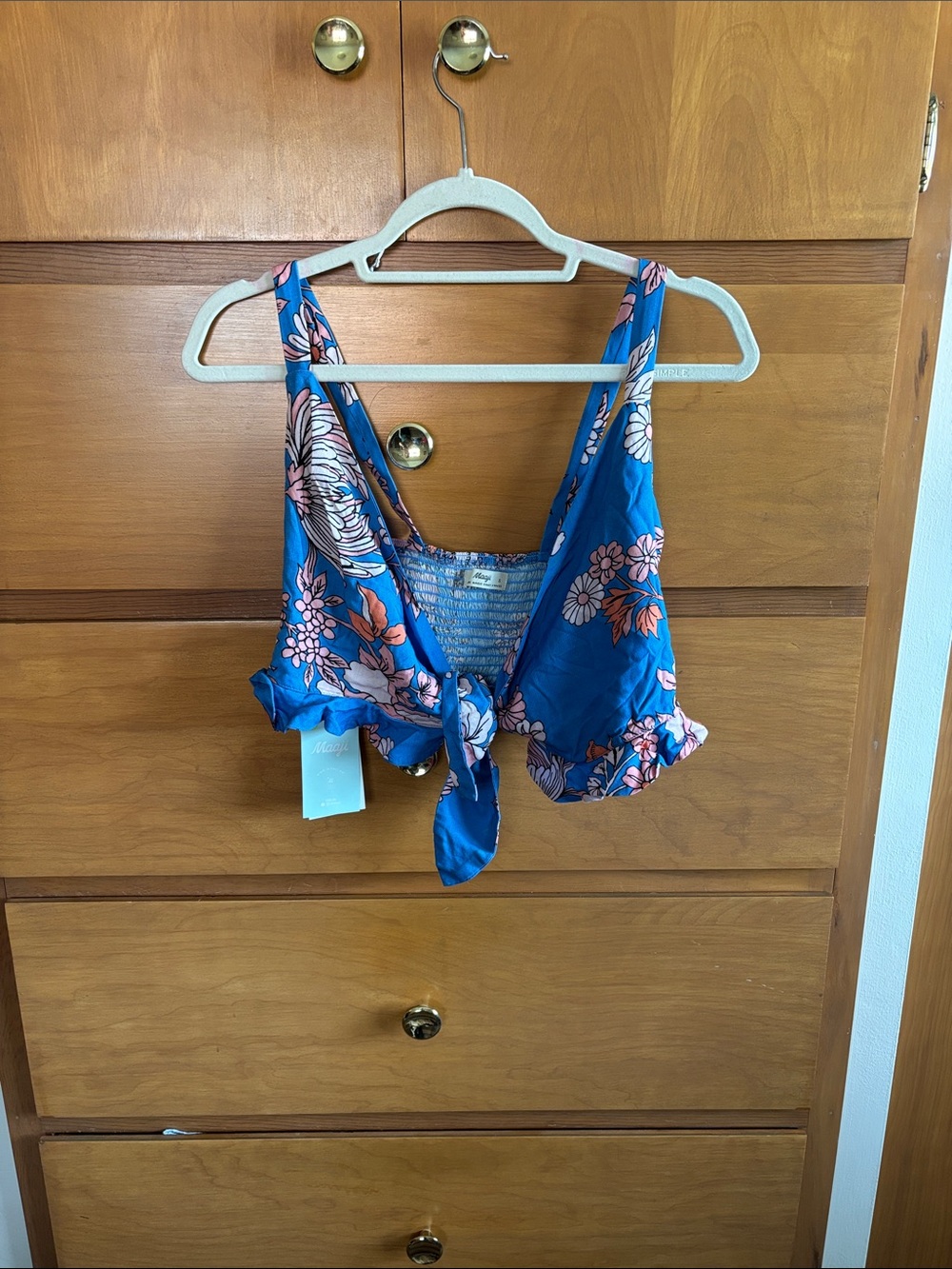 Maaji Blue Floral Tie-Front Ruffle Crop Top